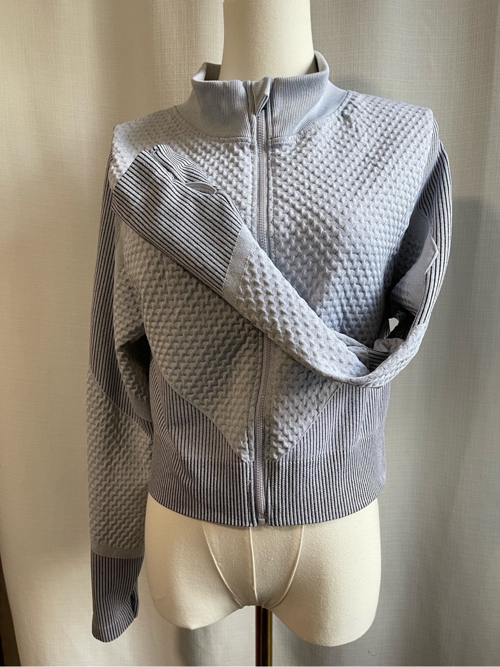 Gray Cropped Zip Up Performance Jacket Seamless Panel Athletic Long Sleeve